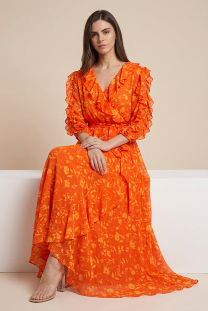 Orange Mist ruffle-sleeved chiffon maxi dress by Kate & Lily, flowing design with elegant ruffle details, perfect for summer occasions.
