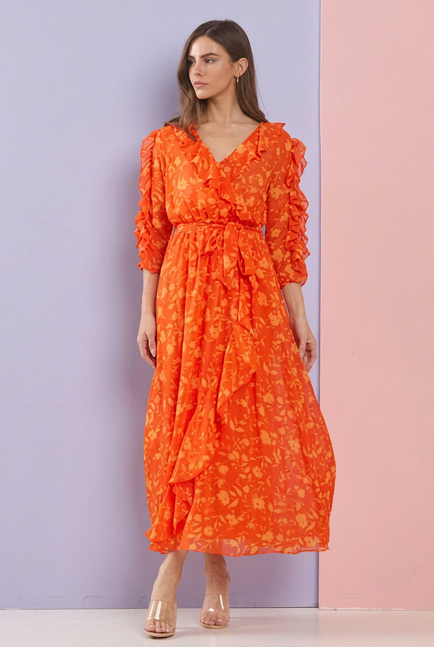 Orange Mist ruffle sleeve chiffon maxi dress by Kate & Lily