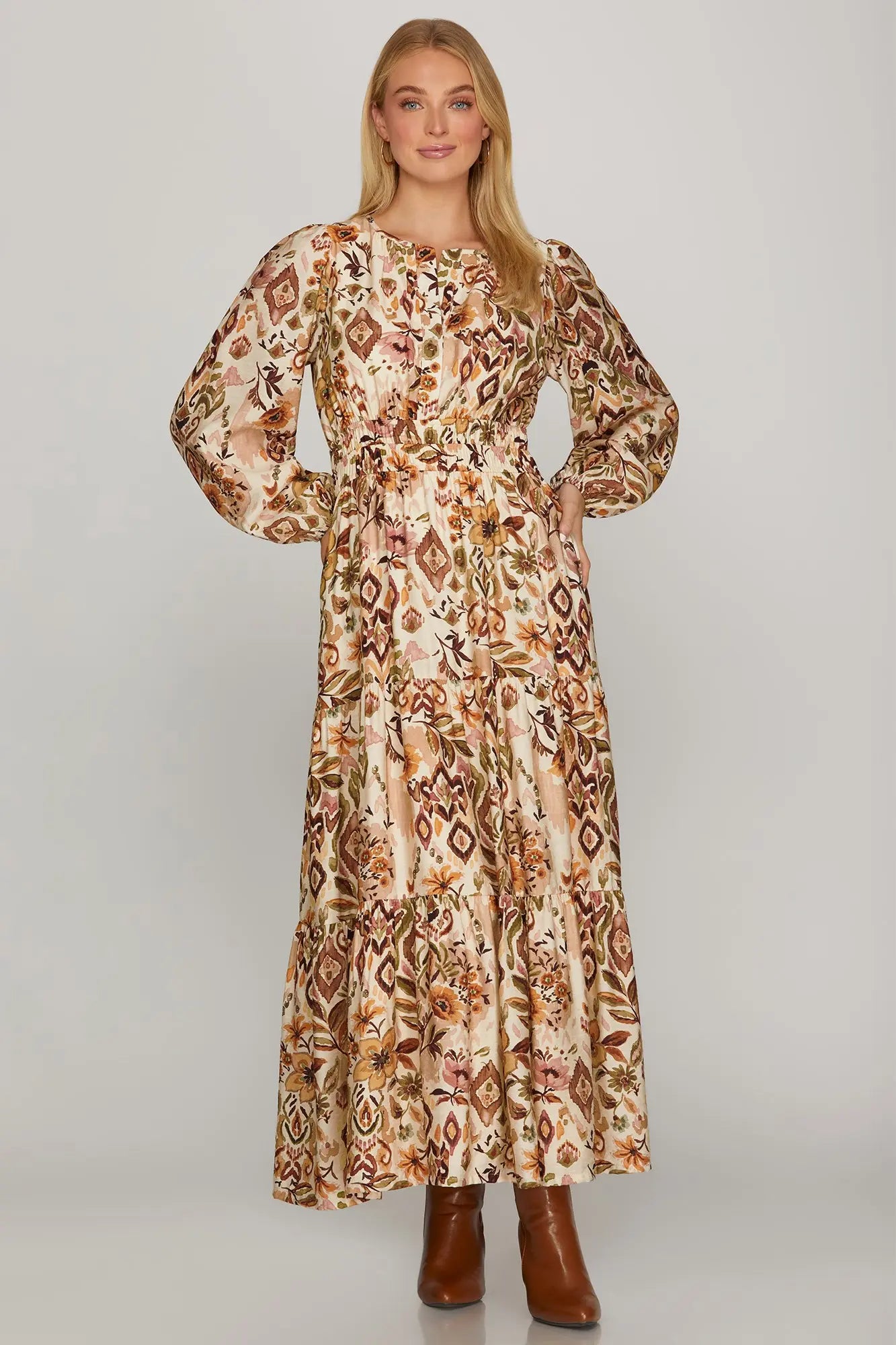 ModestAndDevoted boho fall abstract floral long sleeve maxi dress in brown and olive, featuring a flowing silhouette and stylish design.