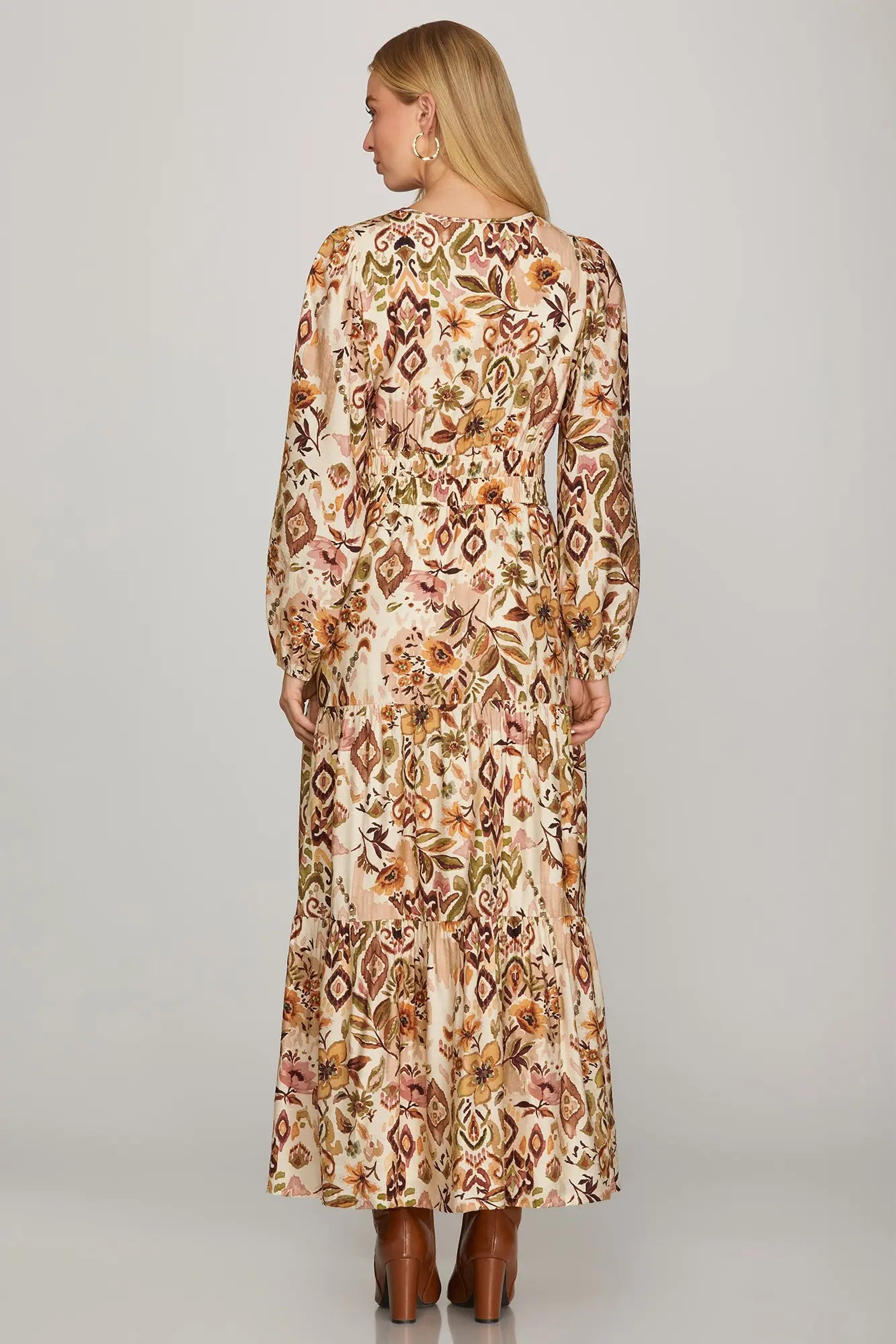 ModestAndDevoted boho fall abstract floral long sleeve maxi dress in brown and olive, perfect for autumn occasions.