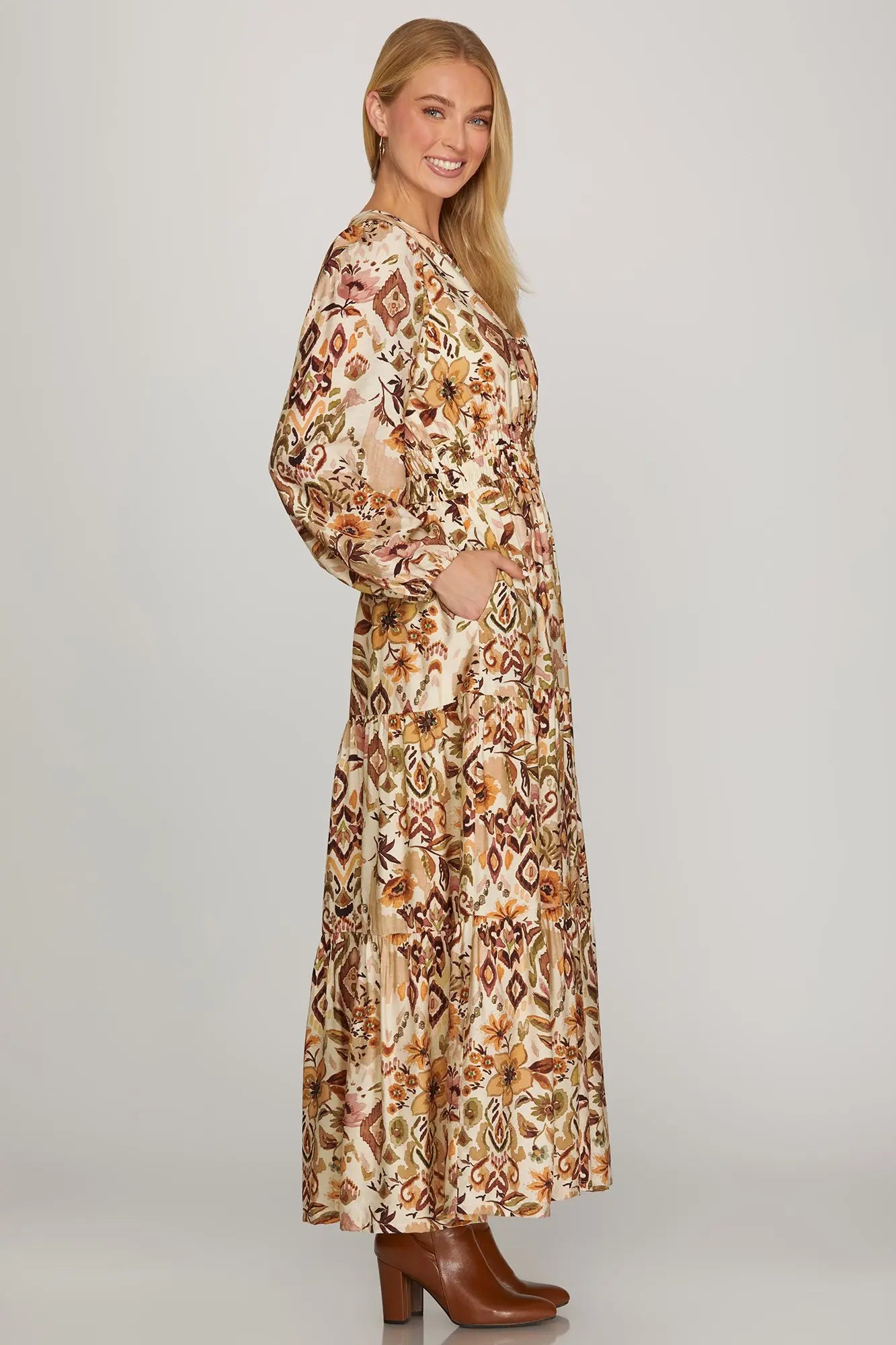 ModestAndDevoted boho fall abstract floral long sleeve maxi dress in brown and olive, featuring a flowing silhouette and stylish design.