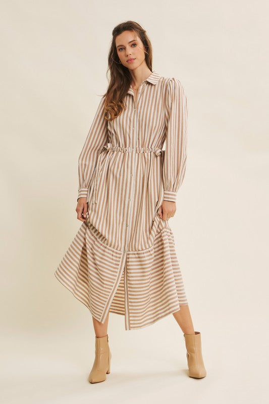 Deep green cotton stripe maxi dress with button-down front and belt from ModestAndDevoted, featuring a classic, elegant design.