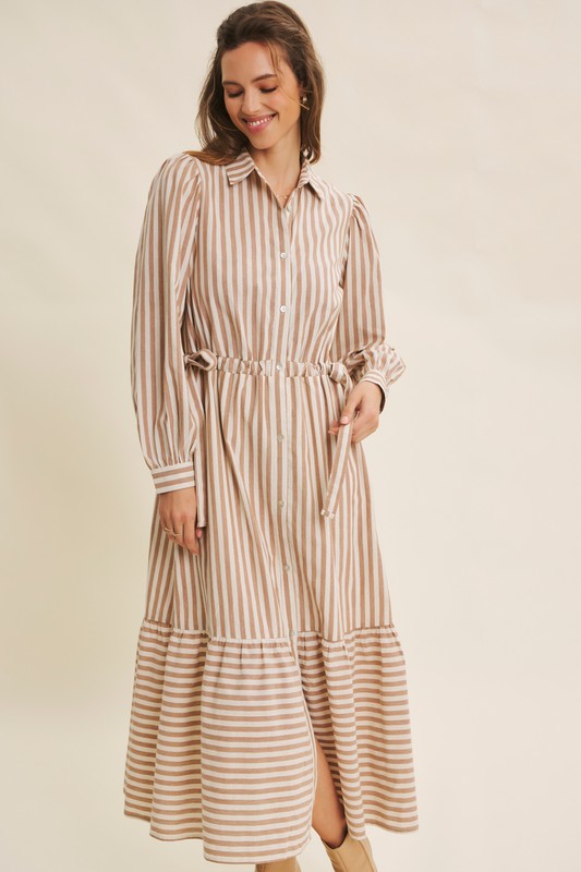 Deep green cotton striped maxi dress by ModestAndDevoted featuring button-down front and waist belt for a classic, elegant look.