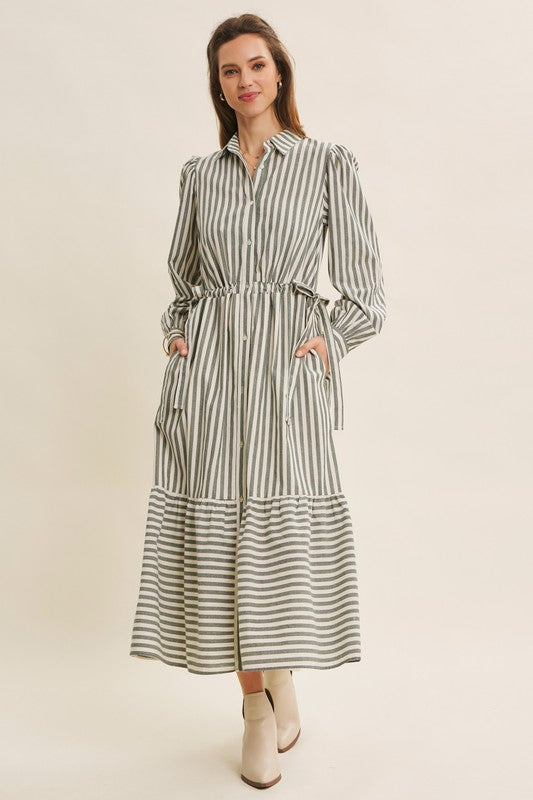 Deep green cotton stripe maxi dress with button-down front and belt by ModestAndDevoted, casual and elegant summer dress.