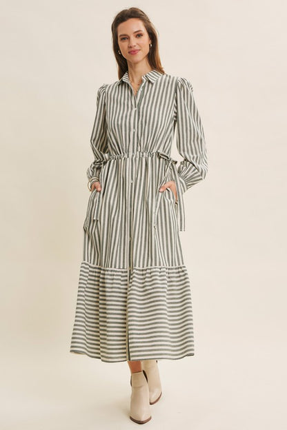 Deep green cotton stripe maxi dress with button-down front and belt by ModestAndDevoted, casual and elegant summer dress.