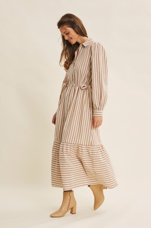 Deep green cotton stripe maxi dress with button-down front and belt by ModestAndDevoted, featuring classic style and full-length design.