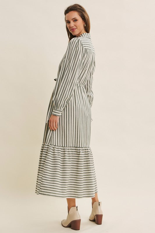 Deep green cotton stripe maxi dress with button-down front and waist belt by ModestAndDevoted, perfect for casual or elegant wear.