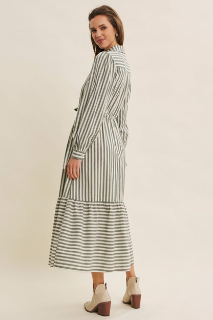 Deep green cotton stripe maxi dress with button-down front and waist belt by ModestAndDevoted, perfect for casual or elegant wear.