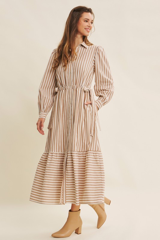 Deep green cotton stripe maxi dress with button-down front and belt from ModestAndDevoted, classic and elegant for everyday wear.