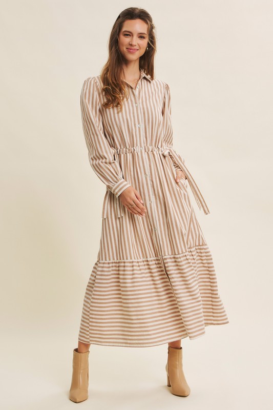 Deep green cotton stripe maxi dress with button-down front and belt from ModestAndDevoted, featuring a classic and elegant design.