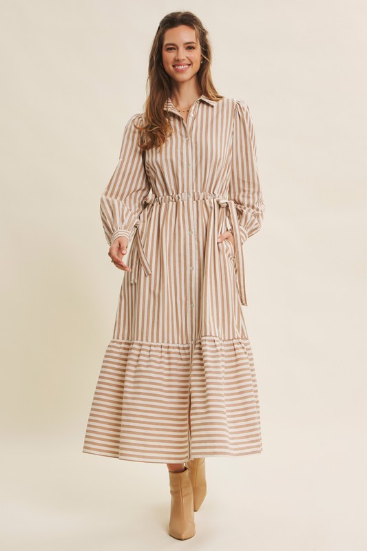 Deep green cotton stripe maxi dress with button-down front and belt from ModestAndDevoted, featuring a classic, elegant design.