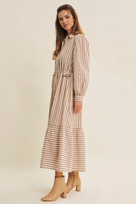 Deep green cotton stripe maxi dress with button-down front and waist belt by ModestAndDevoted, perfect for casual or elegant wear.