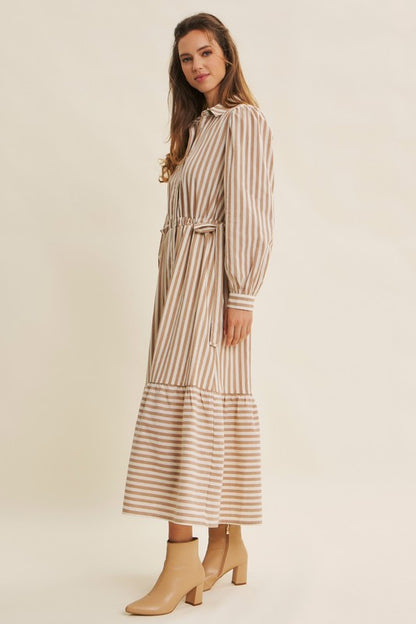 Deep green cotton stripe maxi dress with button-down front and waist belt by ModestAndDevoted, perfect for casual or elegant wear.