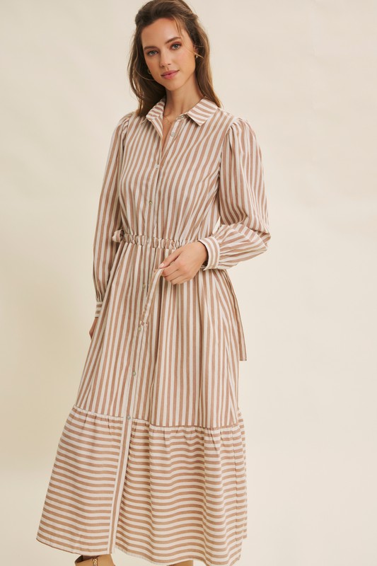 Deep green cotton stripe maxi dress with button-down front and belt by ModestAndDevoted, featuring a classic, elegant design.