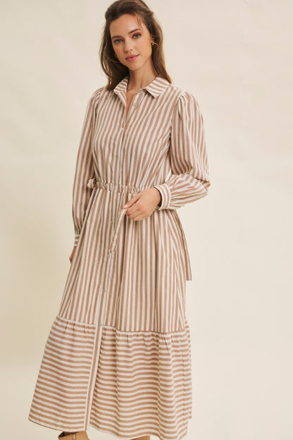 Deep green cotton stripe maxi dress with button-down front and belt by ModestAndDevoted, featuring a classic, elegant design.