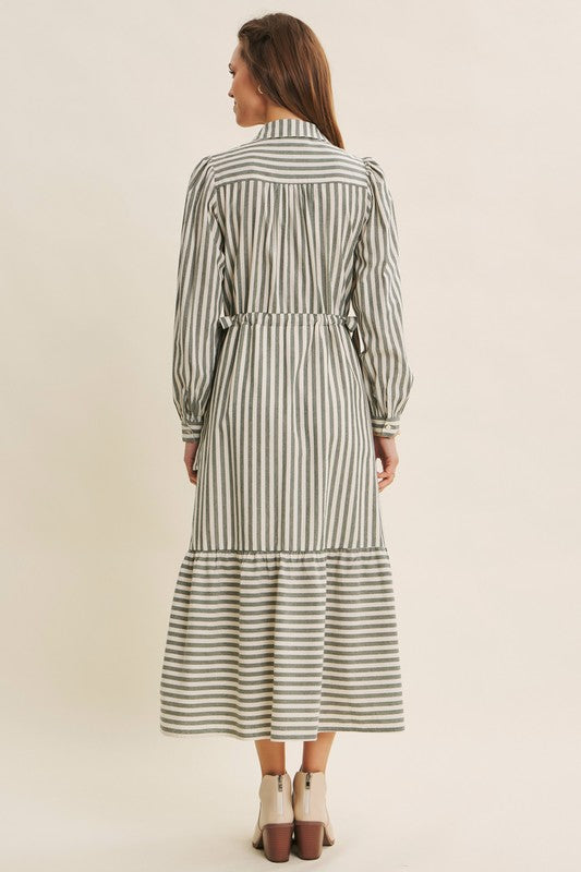 Deep green cotton stripe maxi dress with button-down front and belt from ModestAndDevoted, casual and elegant dress for women.