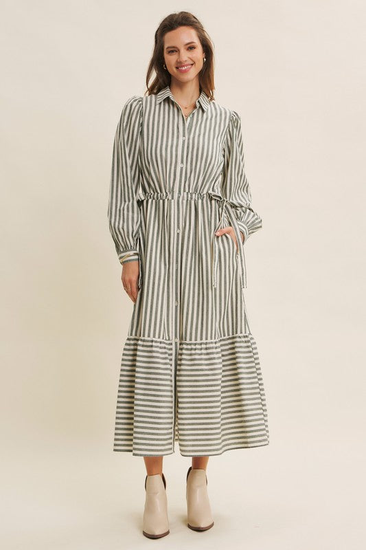 Deep green cotton stripe maxi dress with button-down front and belt by ModestAndDevoted, perfect for casual or elegant occasions.