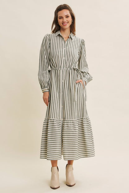 Deep green cotton stripe maxi dress with button-down front and belt by ModestAndDevoted, perfect for casual or elegant occasions.