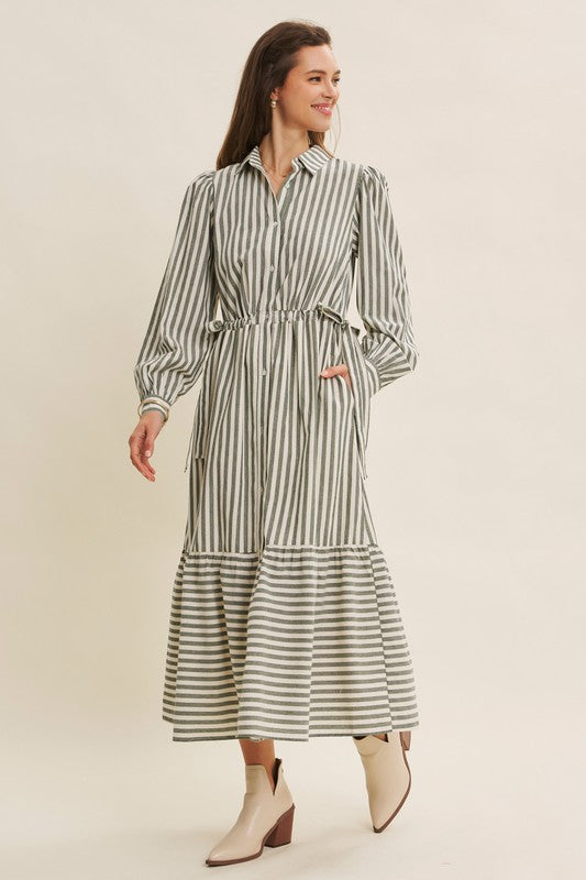 Deep green cotton striped maxi dress with button-down front and belt by ModestAndDevoted, featuring a classic, elegant style.
