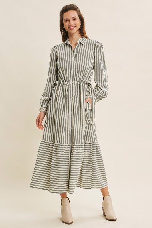 Deep green cotton stripe maxi dress with button-down front and belt by ModestAndDevoted, perfect for casual or elegant occasions.