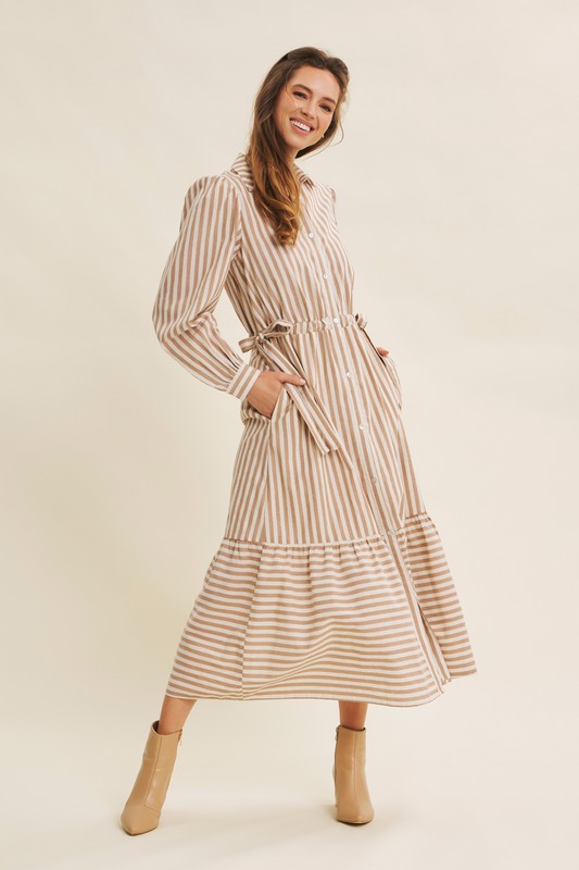 Deep green cotton stripe maxi dress with button-down front and waist belt by ModestAndDevoted, styled as a classic dress.