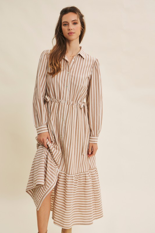 Deep green ModestAndDevoted cotton stripe maxi dress with button-down front and waist belt, casual and elegant for everyday wear.