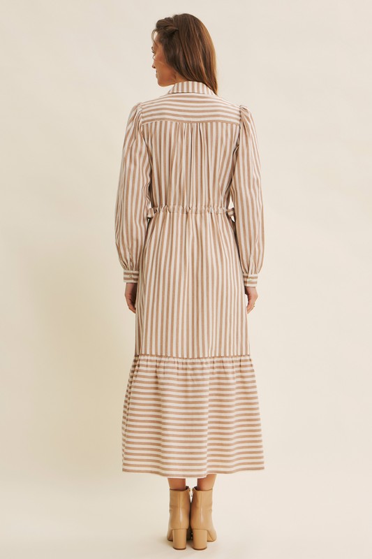 Deep green cotton stripe maxi dress with button-down front and belt by ModestAndDevoted, featuring classic style and long length.