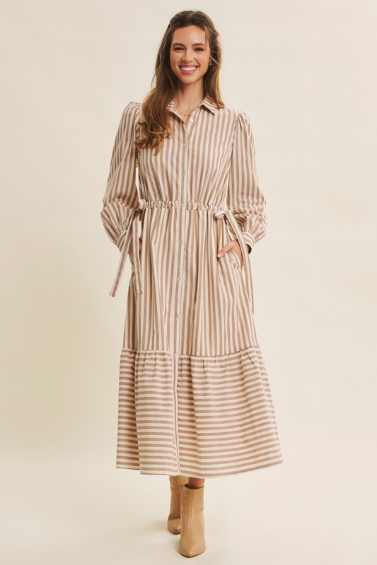 Deep green cotton stripe maxi dress with button-down front and belt from ModestAndDevoted, classic and elegant for versatile wear.