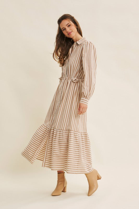 Deep green cotton maxi dress with white stripe pattern, button-down front, and belt from ModestAndDevoted, stylish and comfortable dress.