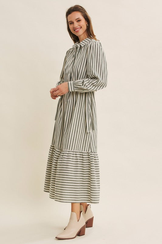 Deep green cotton stripe maxi dress with button-down front and waist belt by ModestAndDevoted, casual and elegant dress for warm weather.
