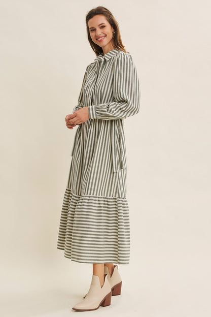 Deep green cotton stripe maxi dress with button-down front and waist belt by ModestAndDevoted, casual and elegant dress for warm weather.