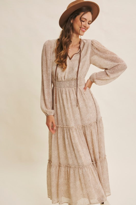 Dusty blue Romantic Flora Maxi Dress by ModestAndDevoted with a smocked waist and flowing skirt, perfect for elegant occasions.