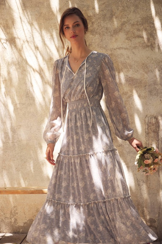 Dusty blue Romantic Flora Maxi Dress by ModestAndDevoted featuring a smocked waist and flowing floral design.