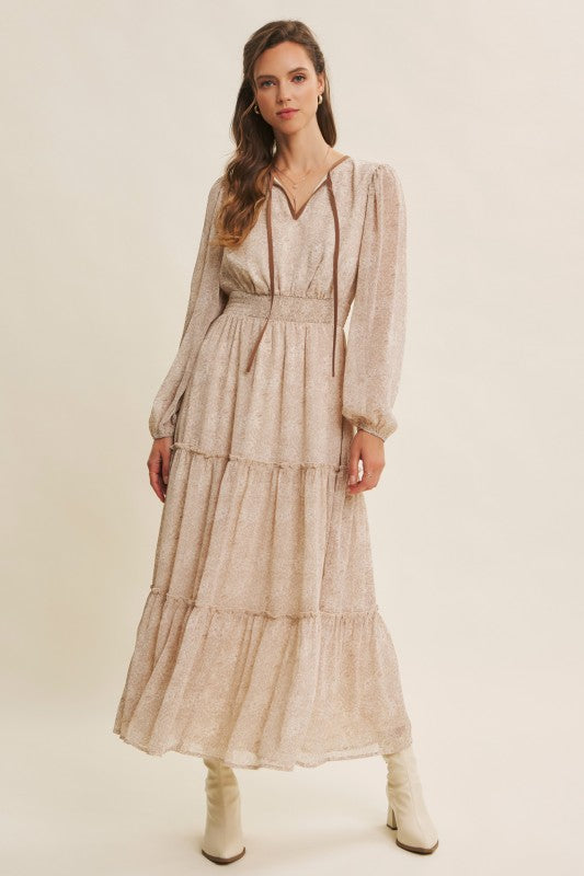 Dusty blue Romantic Flora Maxi Dress with smocked waist by ModestAndDevoted, featuring flowy fabric and floral pattern.