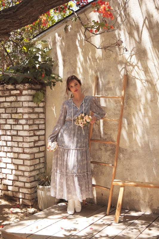 Dusty blue Romantic Flora Maxi Dress by ModestAndDevoted featuring a smocked waist and flowing silhouette.