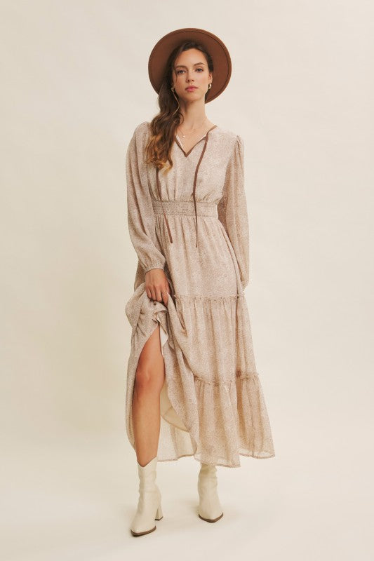 Dusty blue Romantic Flora Maxi Dress by ModestAndDevoted featuring a smocked waist and flowing fabric, perfect for elegant occasions.