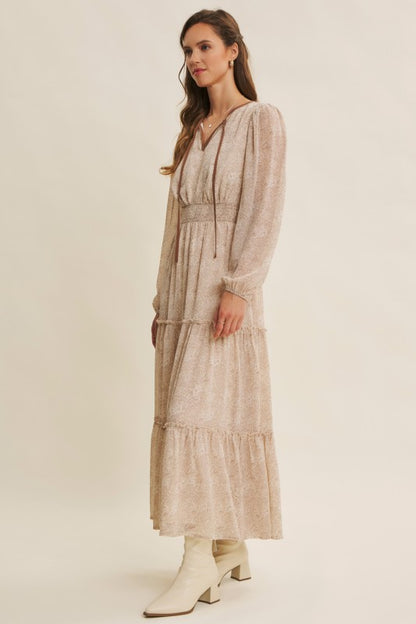 Dusty blue Romantic Flora Maxi Dress with smocked waist from ModestAndDevoted, featuring flowy fabric and floral print.