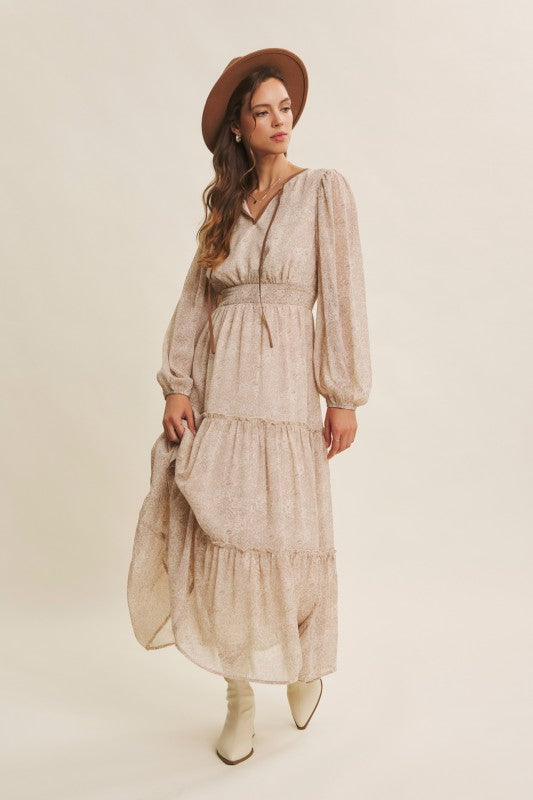 Dusty blue Romantic Flora Maxi Dress by ModestAndDevoted featuring a smocked waist and flowing fabric.
