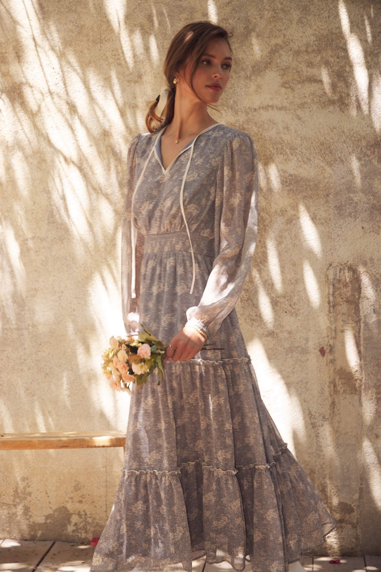 Dusty blue Romantic Flora Maxi Dress by ModestAndDevoted featuring a smocked waist and flowing fabric for elegant, feminine style.