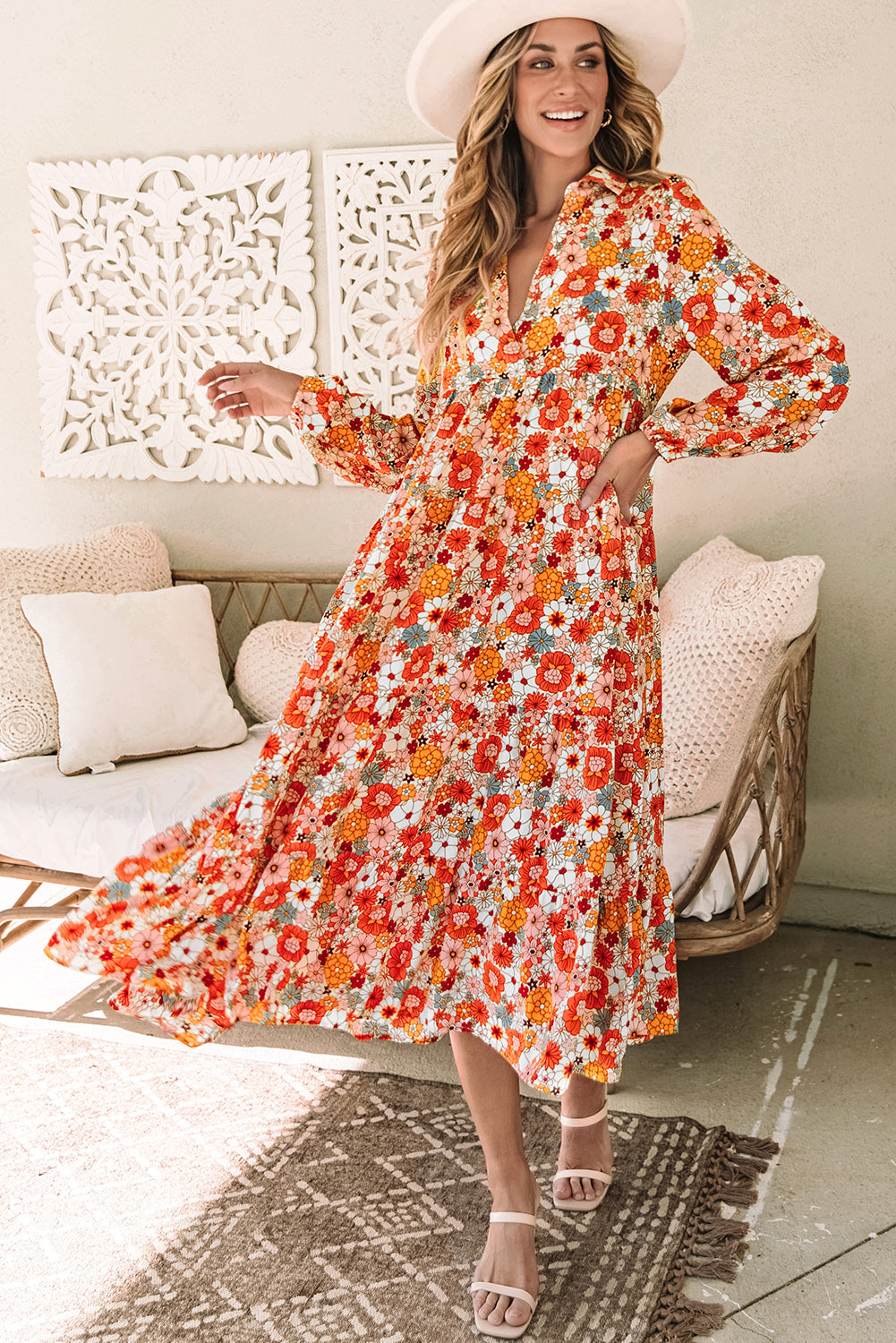 Multicolor boho floral long sleeve ruffled dress by ModestAndDevoted, featuring a collared neckline and vibrant floral pattern.