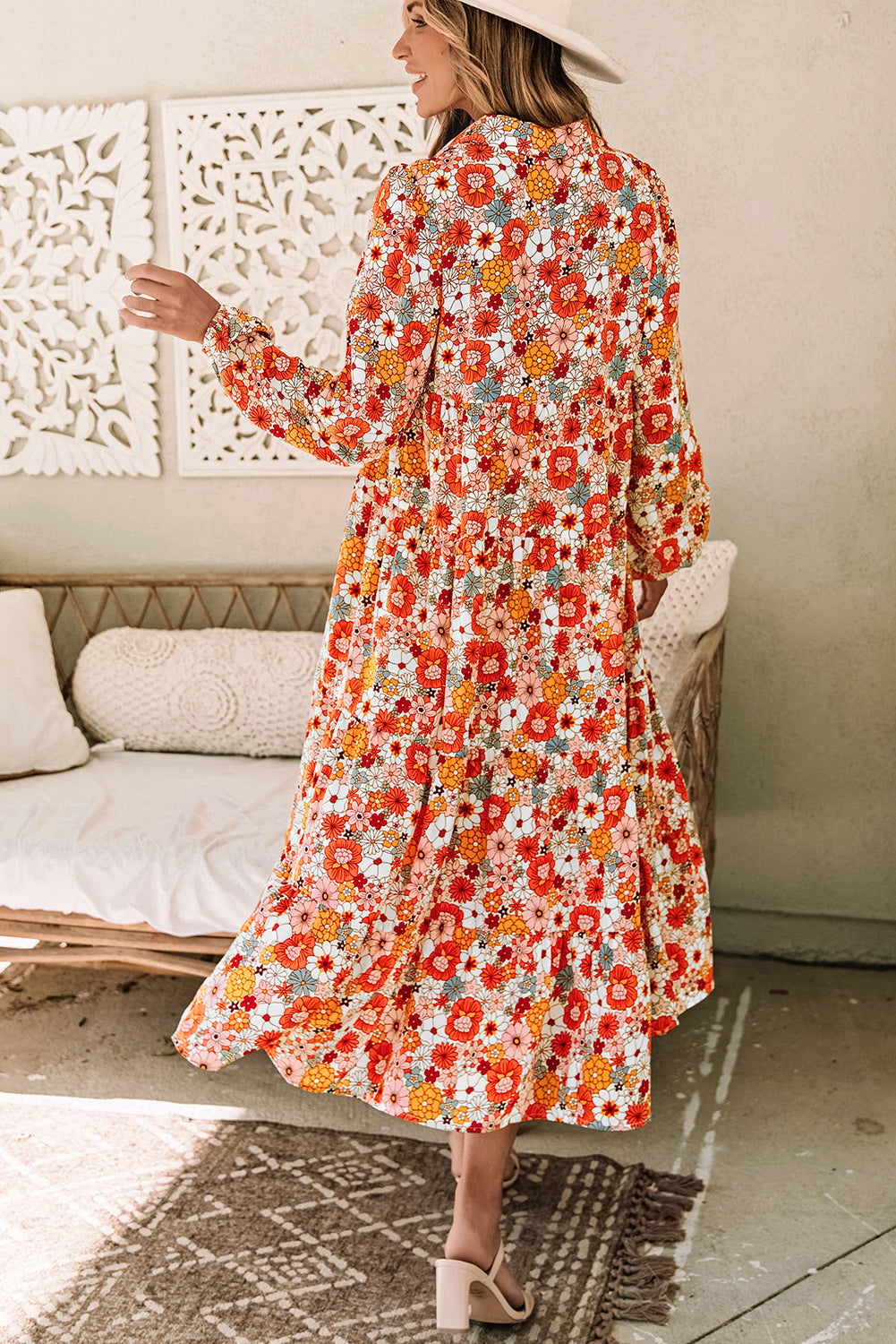 Multicolor boho floral long sleeve ruffled dress by ModestAndDevoted with collared neckline, perfect for casual or bohemian style.