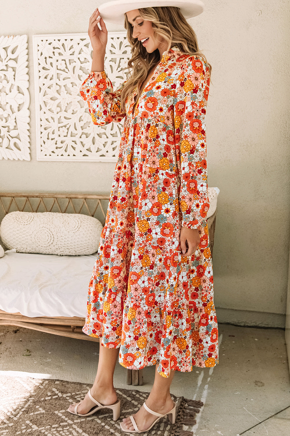 Multicolor boho floral long sleeve ruffled dress by ModestAndDevoted featuring a collared neckline and lightweight polyester fabric.