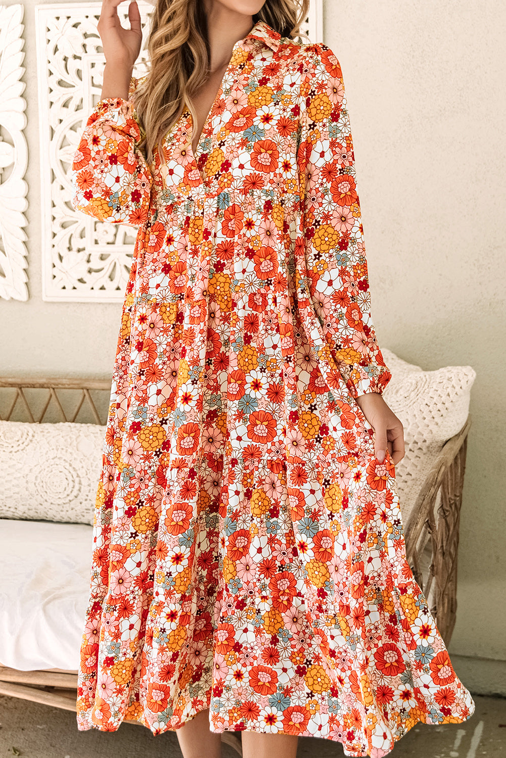 Multicolor boho floral long sleeve ruffled dress by ModestAndDevoted featuring a collared neckline and lightweight polyester fabric.