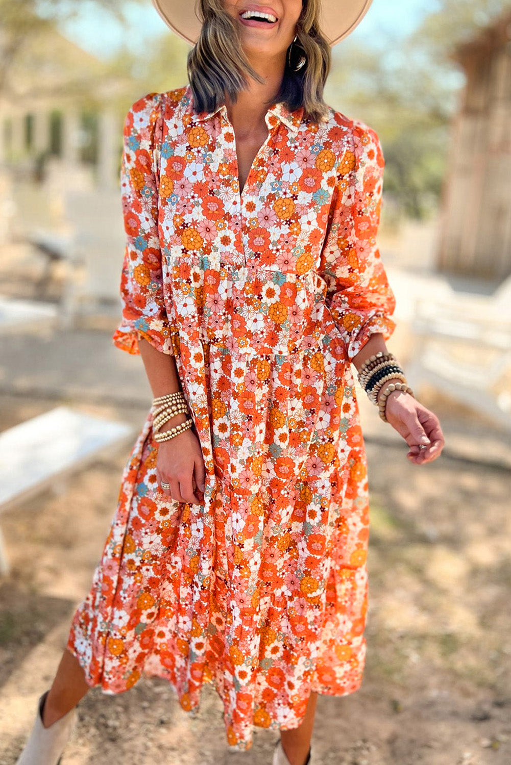 Multicolor boho floral long sleeve ruffled dress by ModestAndDevoted featuring a collared neckline and lightweight polyester fabric.