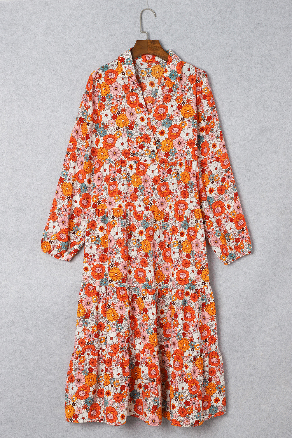 Multicolor boho floral long sleeve ruffled dress by ModestAndDevoted featuring a collared neckline and polyester fabric.