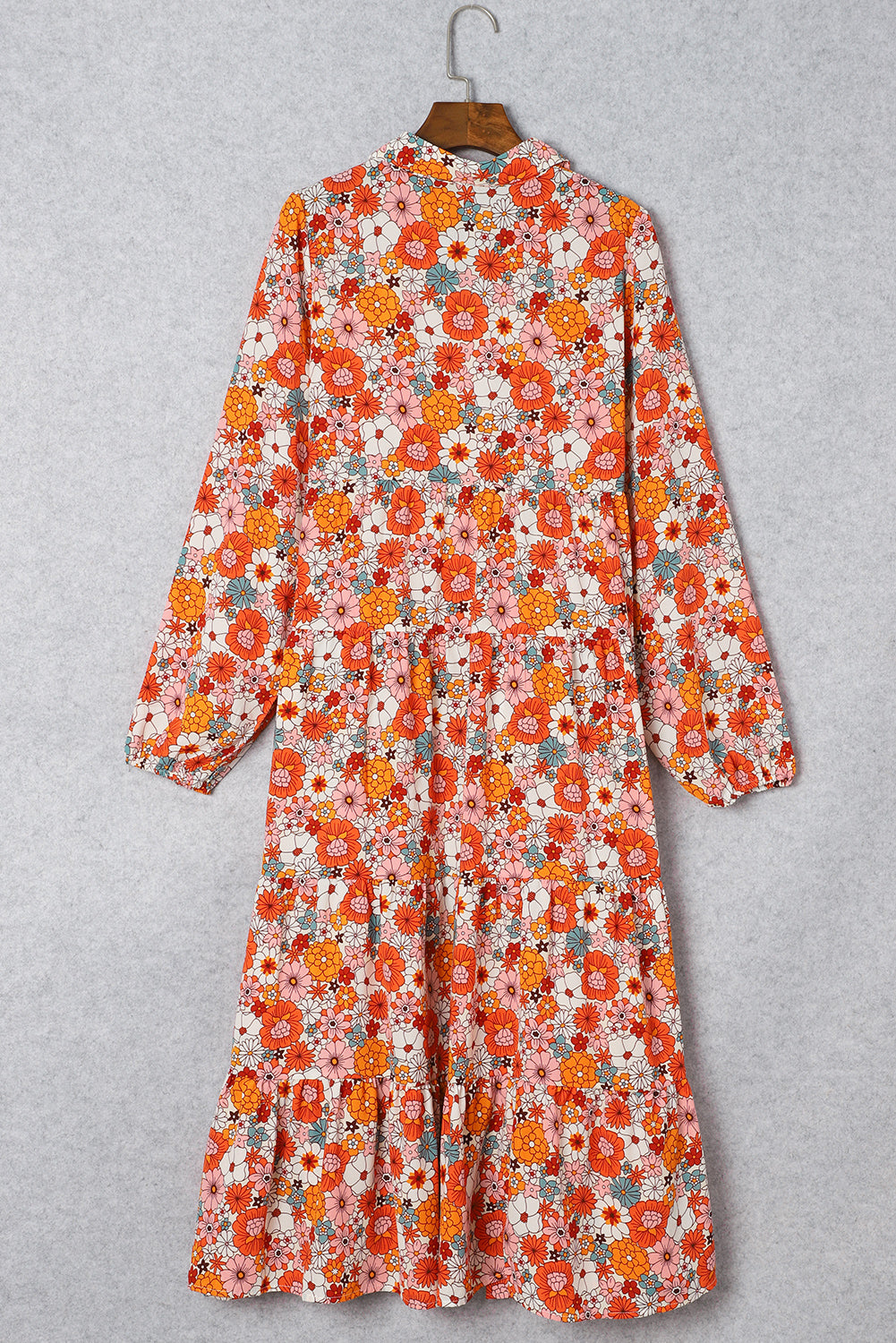 Multicolor boho floral collared long sleeve ruffled dress by ModestAndDevoted, featuring vibrant floral pattern and feminine design.