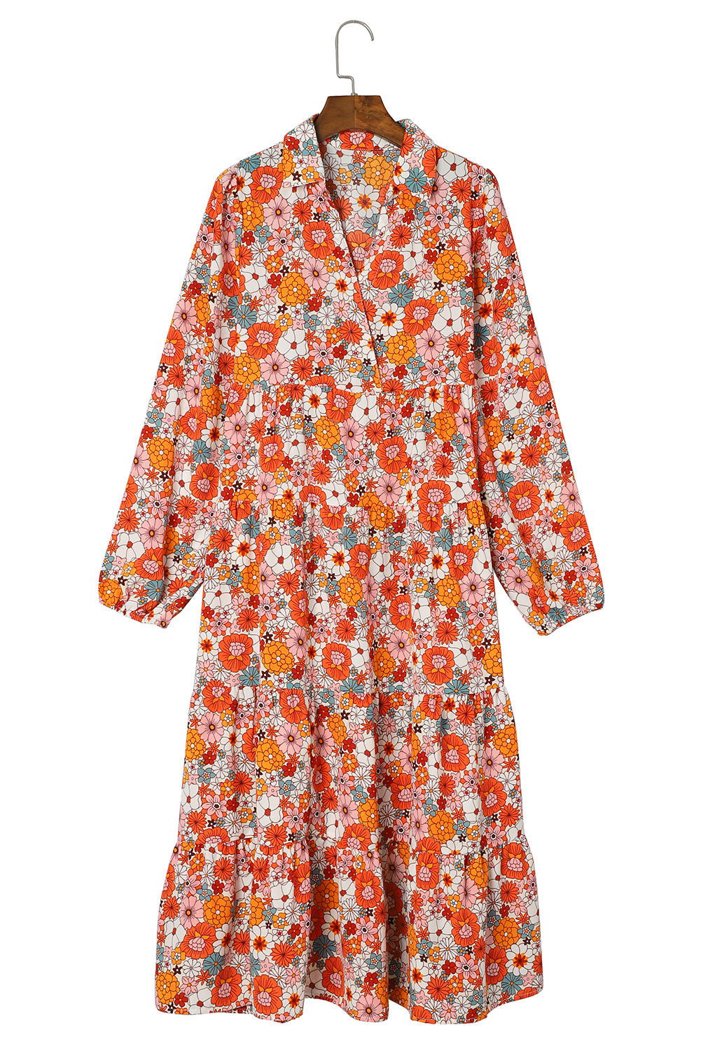 Multicolor boho floral long sleeve ruffled dress by ModestAndDevoted featuring a collared neckline and lightweight polyester fabric.