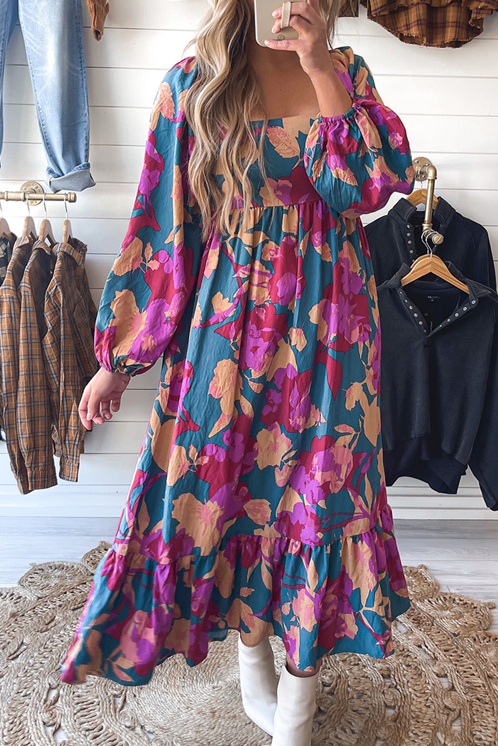 Multicolour floral print square neck ruffled high waist dress by ModestAndDevoted, showcasing vibrant floral pattern and ruffled details.