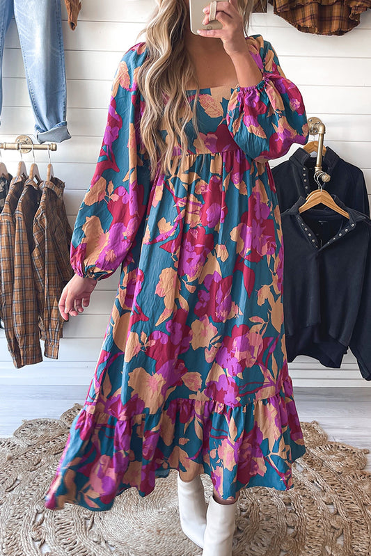 Multicolour floral print square neck ruffled high waist dress by ModestAndDevoted, showcasing vibrant floral pattern and ruffled details.