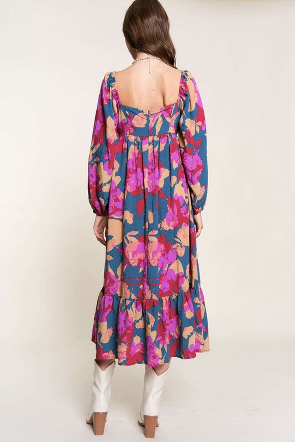Multicolour floral print square neck ruffled high waist dress by ModestAndDevoted, featuring a stylish floral design and ruffled details.